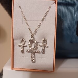 Elegant Silver Ankh Pendant Necklace Set